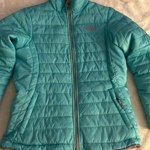 Girls Reversible north face jacket tortoise and grey. Grey is really soft fur